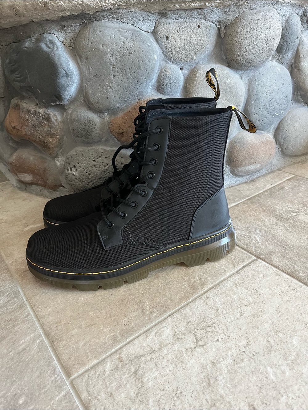 Dr. Martens Black Canvas & Rubber Lace-Up Combat Boot with Yellow Stitching